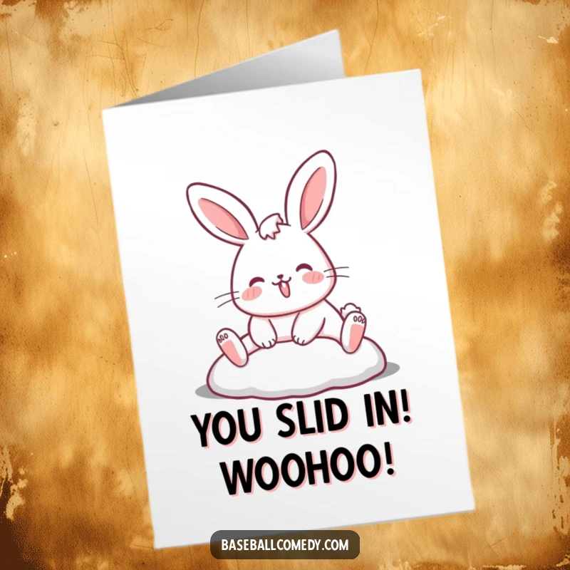 Funny Free Printable Congratulations Card: A happy rabbit sliding dramatically into a base, celebrating a successful play.