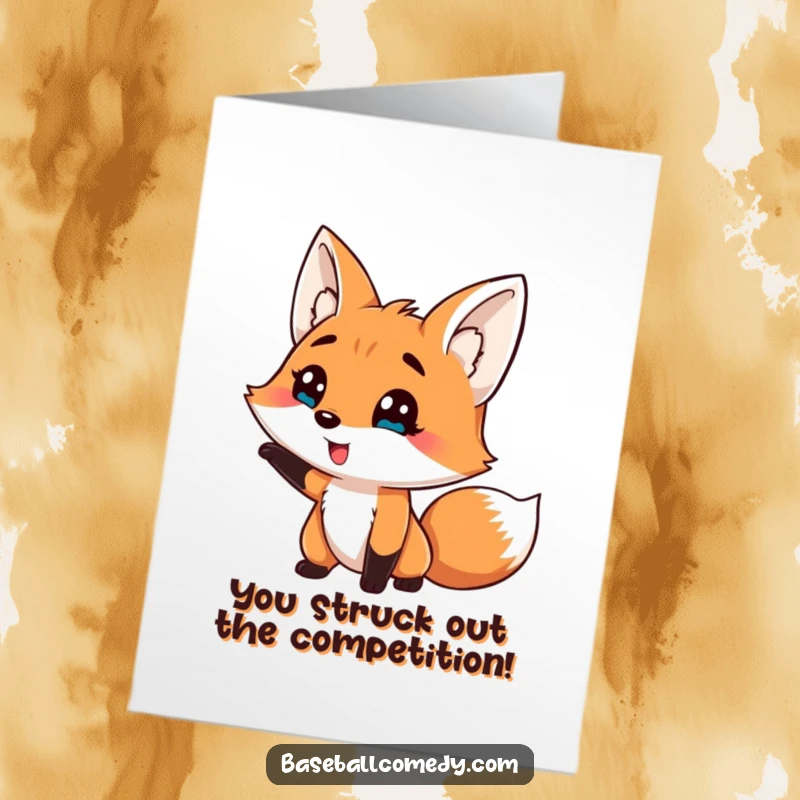 Funny Free Printable Congratulations Card: Silly fox comically striking out in a baseball game, a humorous DOWNLOADABLE.