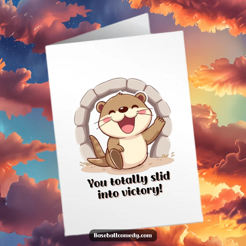 Funny Free Printable Congratulations Card: An excited otter sliding with a wide, happy grin, celebrating a successful score.