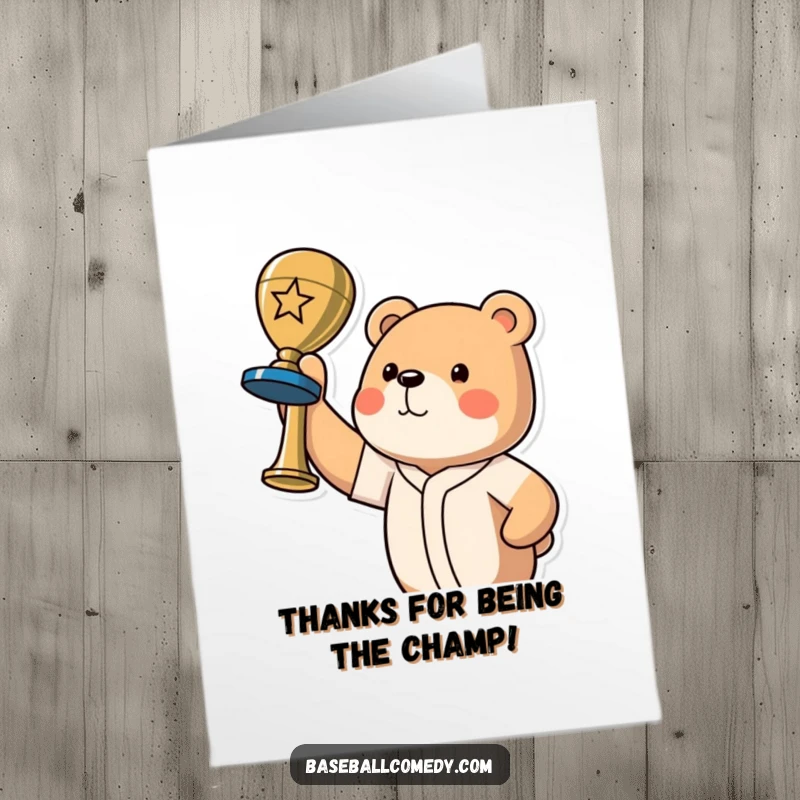 Funny Free Printable Thank You Card: A proud bear holding a baseball trophy, generously giving thanks with a smile.