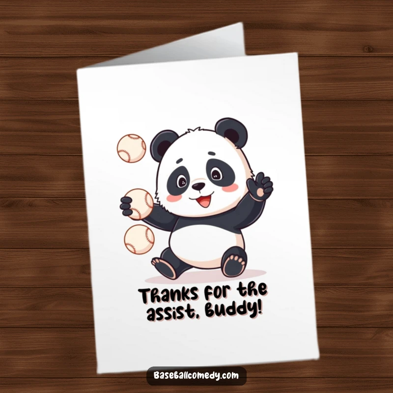 Comical Free Printable Panda struggling humorously to juggle baseballs, a unique thank you card.