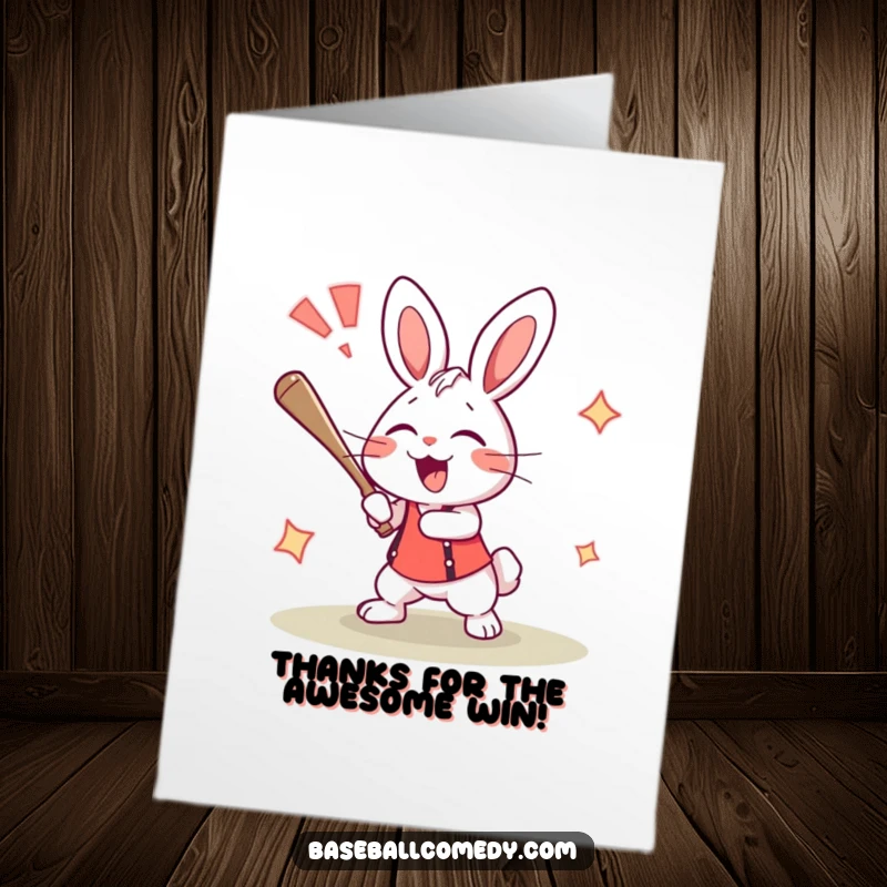 Funny Free Printable Thank You Card: A happy rabbit rounding the bases after a home run, expressing thanks with enthusiasm.
