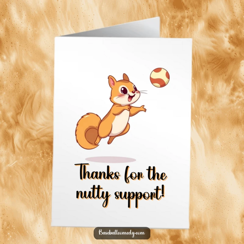 Funny Free Printable Squirrel Thank You Card: Squirrel catching a fly ball, expressing thanks, energetic.