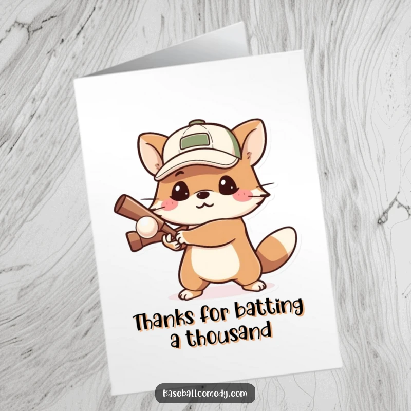 Funny Free Printable Thank You Card: A determined cartoon animal bats a ball, conveying thanks with focused energy.