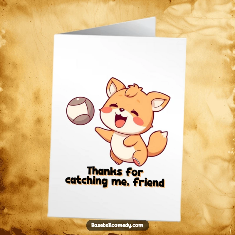 Funny Free Printable Thank You Card: Happy animal looking surprised while catching a flying ball, a unique way to say thank you.