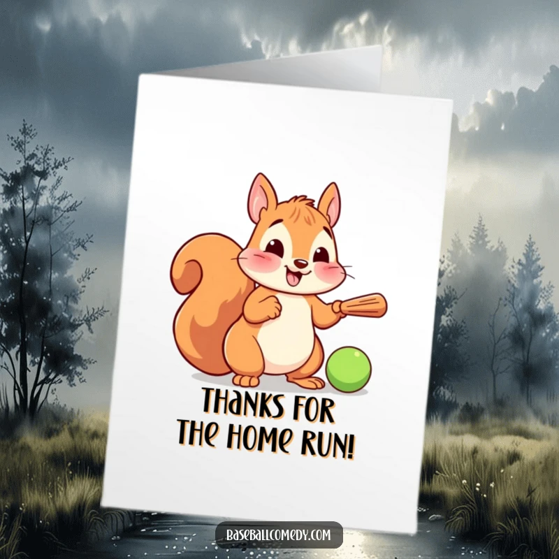 Funny Free Printable Thank You Card: A cheerful squirrel uses its bat to send a thank you, full of nutty gratitude.