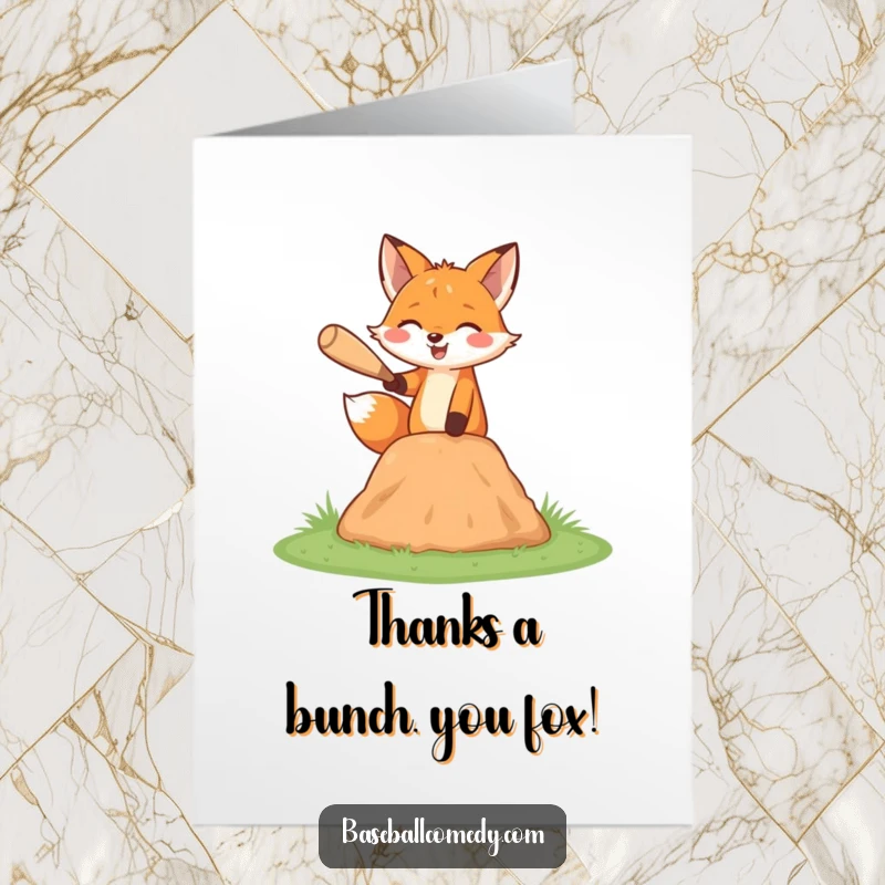 Funny Free Printable Thank You Card: A smiling fox on a miniature mound, pitching a baseball with a thankful expression.