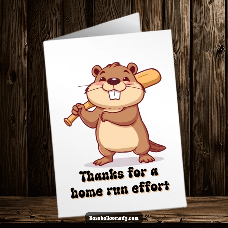 Funny Free Printable Thank You Card: Determined beaver wearing a baseball cap, holding a bat, looking grateful.