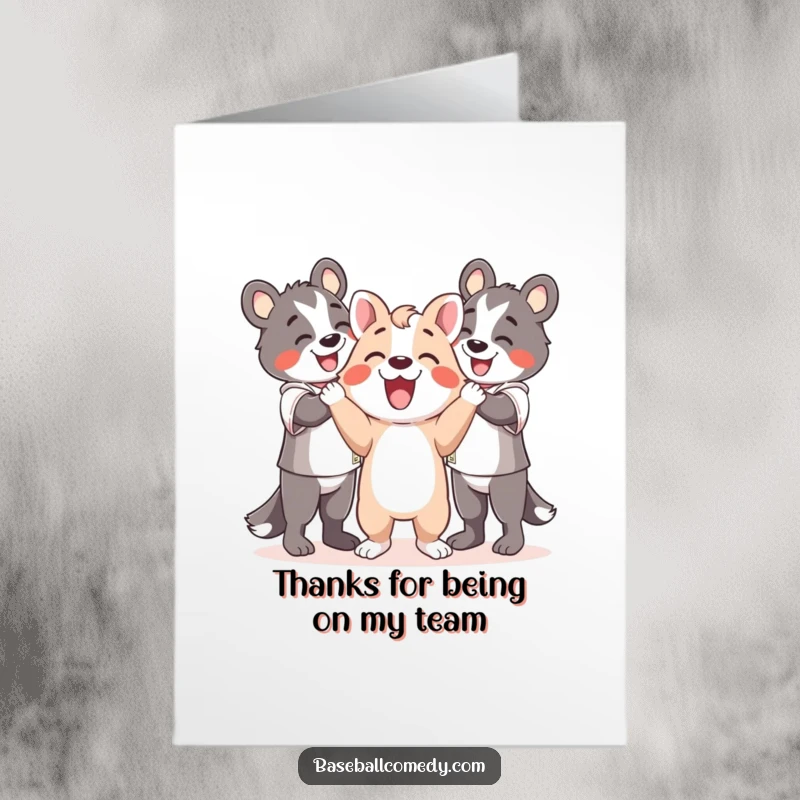 Funny Free Printable Thank You Card: A happy cartoon animal celebrates with teammates, showing appreciation for teamwork.