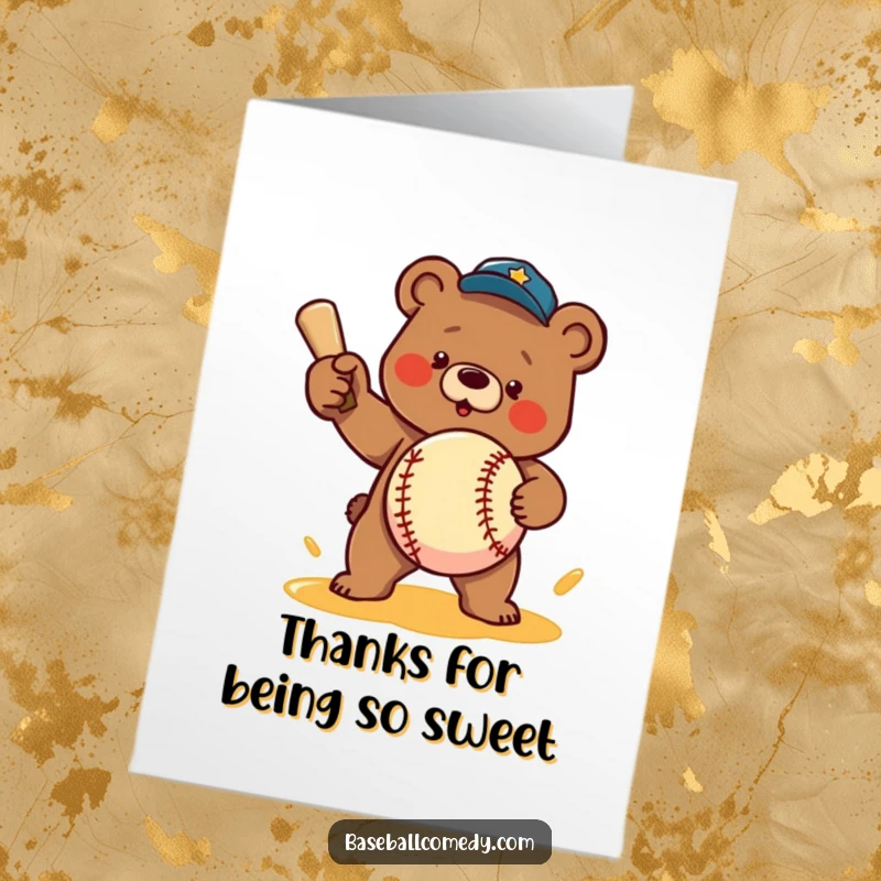 Funny free printable thank you card: A determined bear launches a honey-baseball, a truly sweet gesture of thanks.