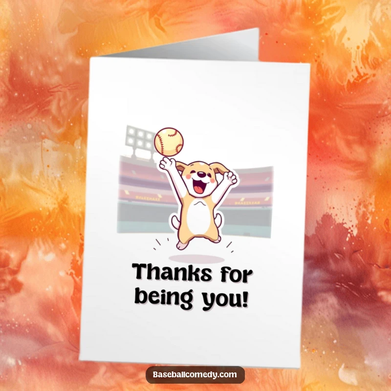 Funny Free Printable Jumping Dog Catching Home Run Ball Thank You Card, catching with glee, a wonderful DIY gift.
