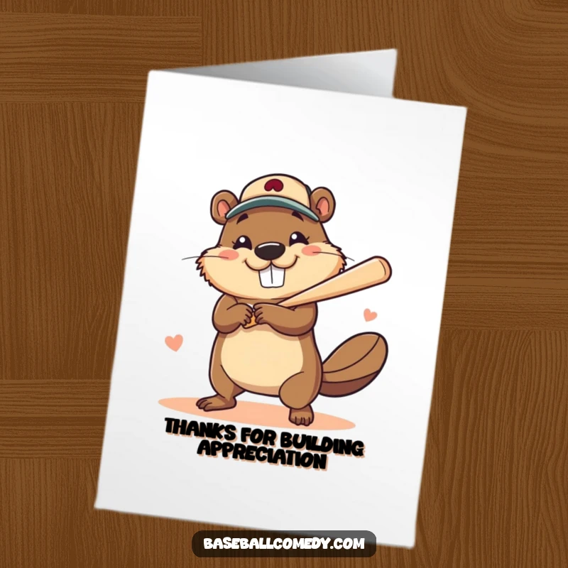 Funny Free Printable Thank You Card: Beaver with a huge smile hitting a home run, a fun way to express thanks, DOWNLOADABLE.