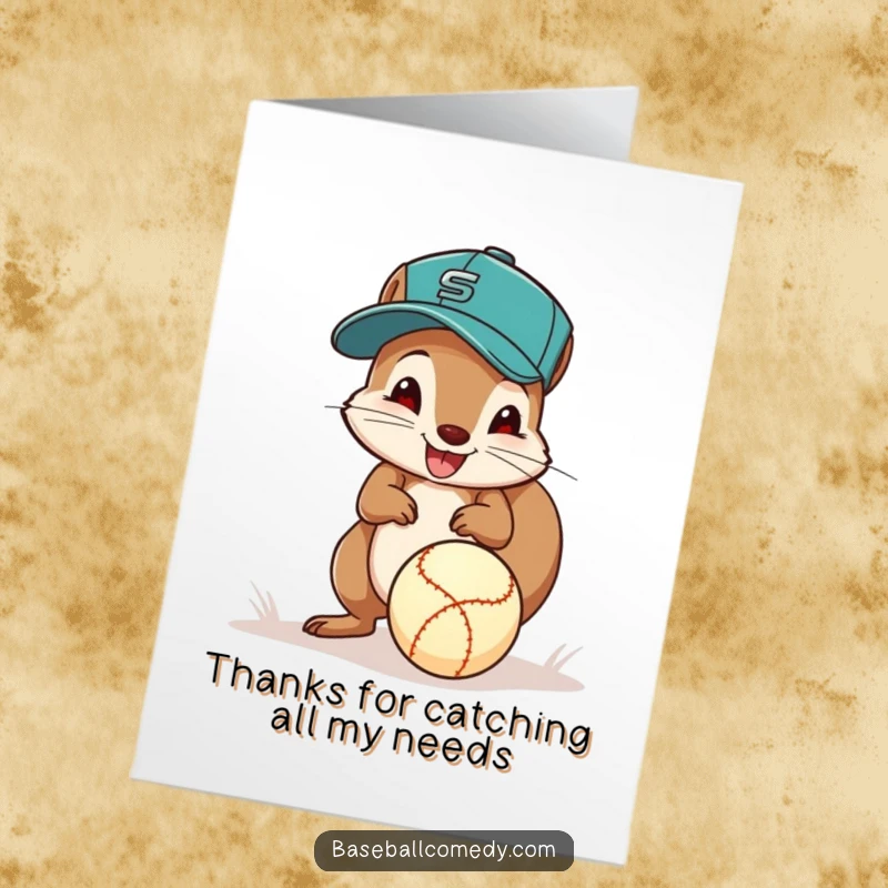 Funny Free Printable Thank You Card: Squirrel in baseball cap fields ground ball, sending thanks with excitement.