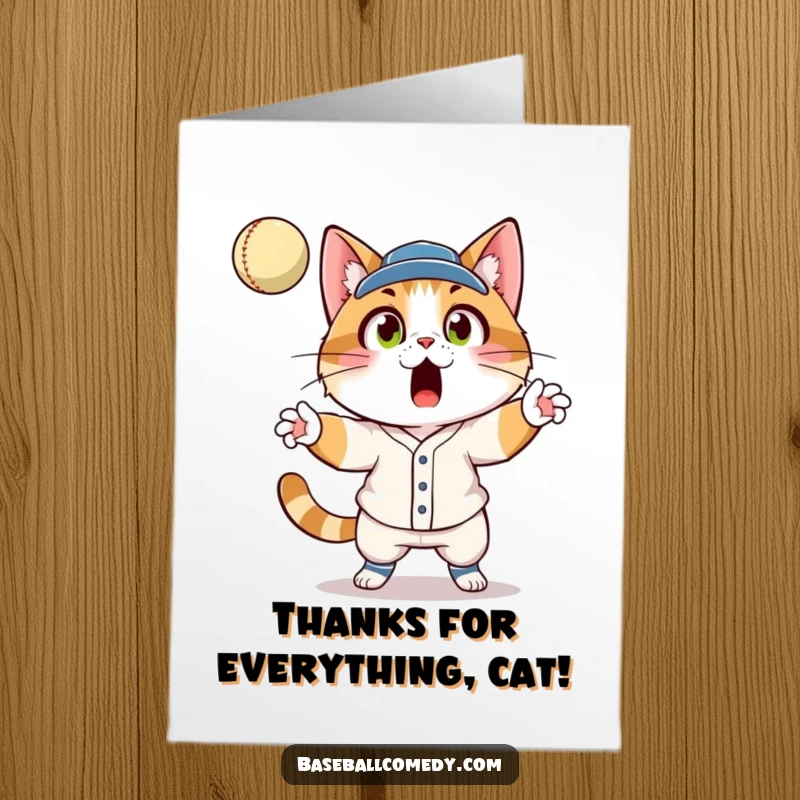 Funny Free Printable Thank You Card: Cat in uniform catching fly ball, surprised face, cute baseball theme, thank you note.