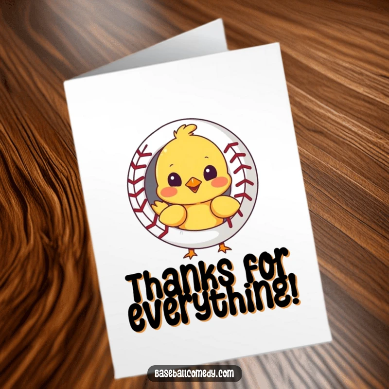 Funny Free Printable Curious Chick Peeking Behind Baseball Thank You Card, peeking with charm, a lovely DIY gift.