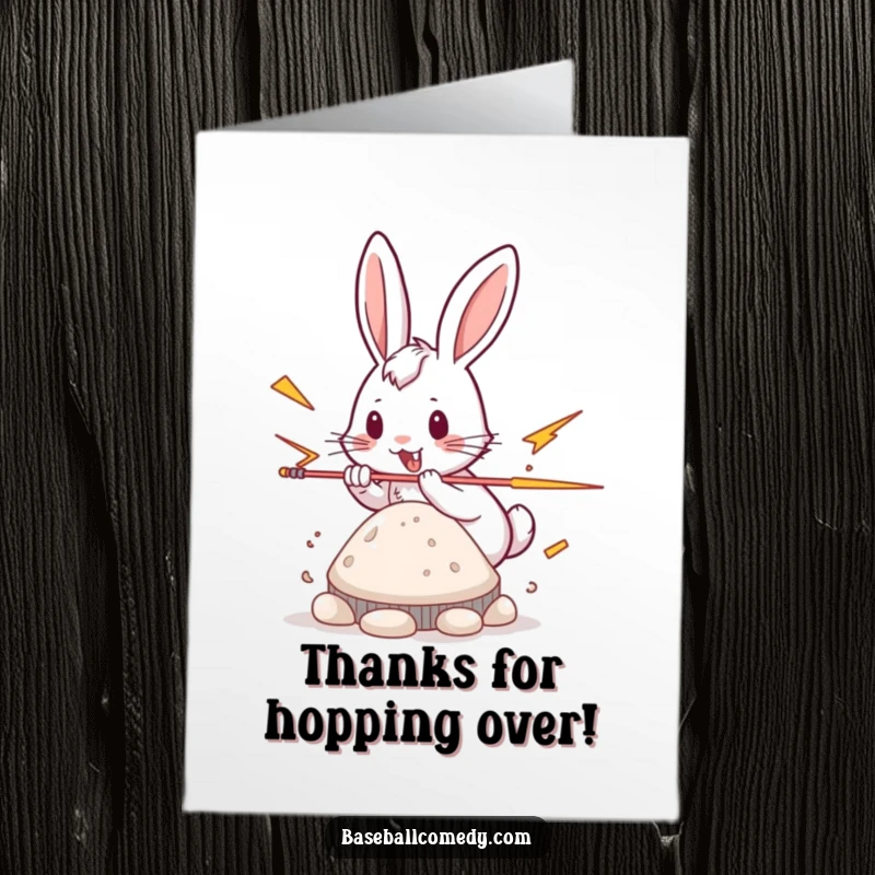 Funny Free Printable Thank You Card: A playful rabbit a streak of motion stealing a base, conveying thanks.