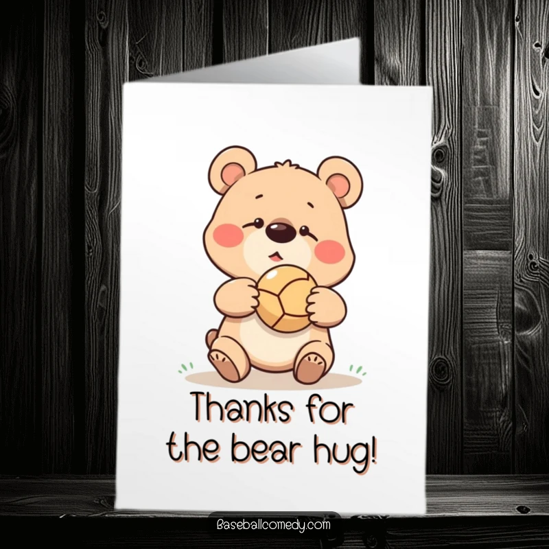 Funny Free Printable Thank You Card: Goofy bear missing baseball catch, ball bouncing off nose, cute and humorous thank you.
