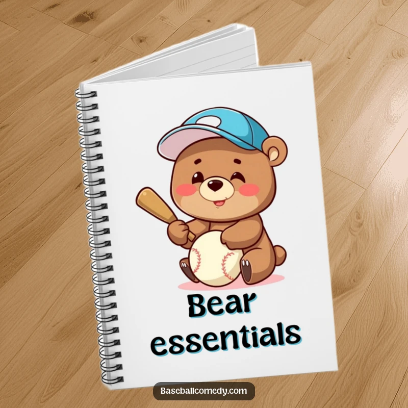 Funny Notebook: A happy bear in a baseball cap is shown mid-swing, perfect for capturing notes and creative ideas.