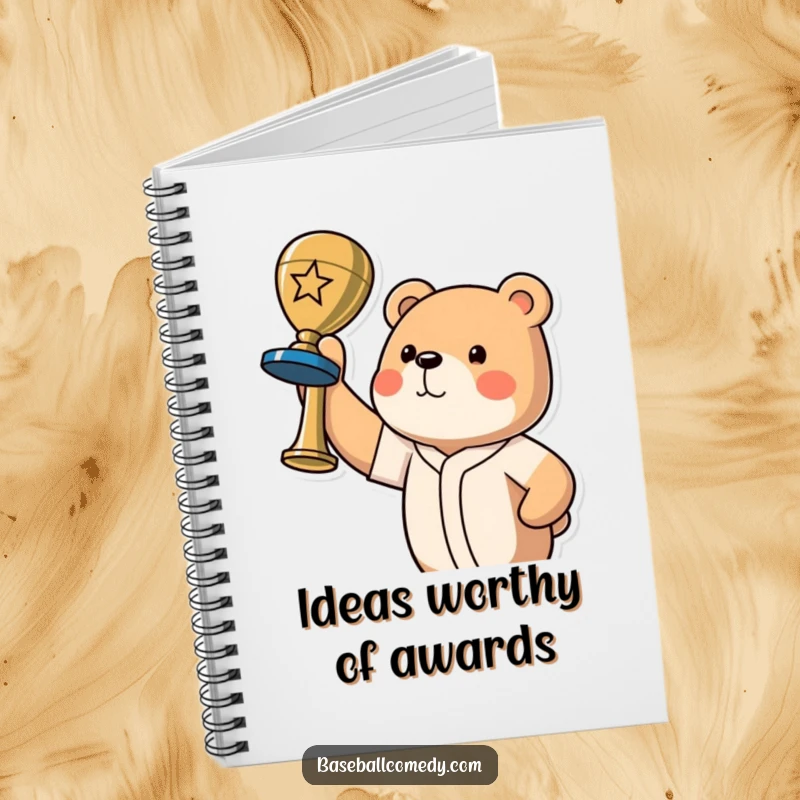 Funny bear champion notebook featuring a proud bear holding a baseball trophy, symbolizing victory and success.