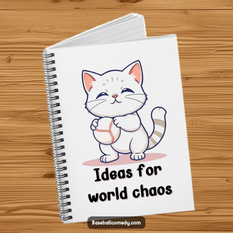Funny notebook cover with a content cat batting at a baseball, ideal for humorous note-taking or journaling.