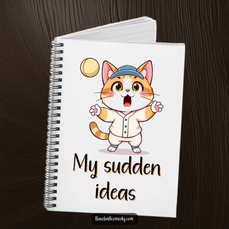 Funny cat in a baseball uniform, surprised expression, catching a fly ball, perfect for writing in this humorous notebook.