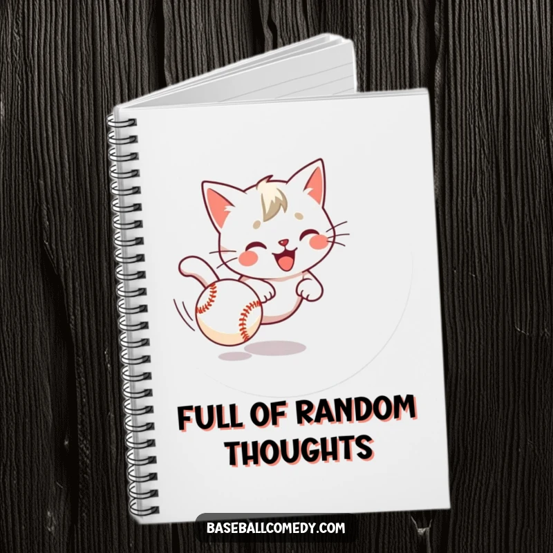 Funny cat notebook featuring a playful kitten comically chasing a rolling baseball, perfect for note-taking and doodling.