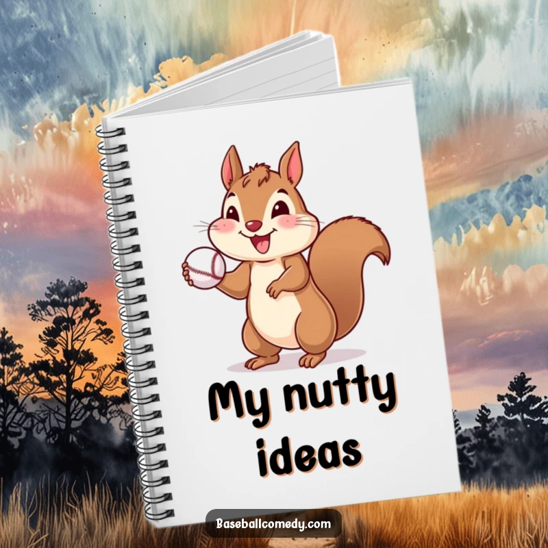 Funny notebook cover of a cheerful squirrel throwing a baseball, perfect for jotting down exciting ideas.