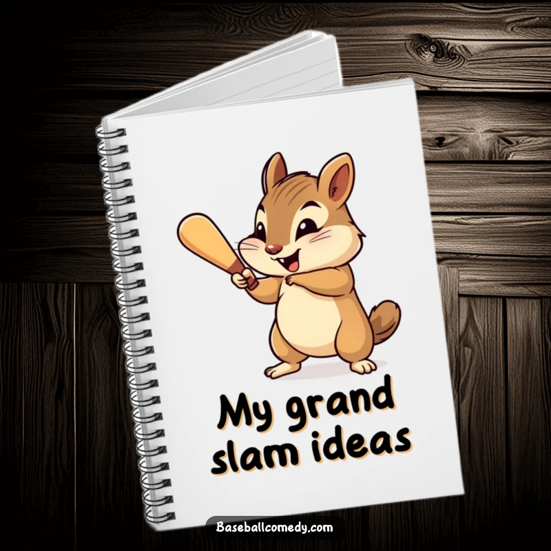 Funny chipmunk notebook, cheerfully swinging a tiny baseball bat with gusto, perfect for jotting notes.