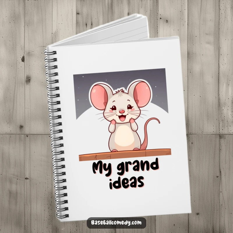 Funny notebook featuring a curious mouse cheering from a baseball dugout, inspiring notes and comical enthusiasm.