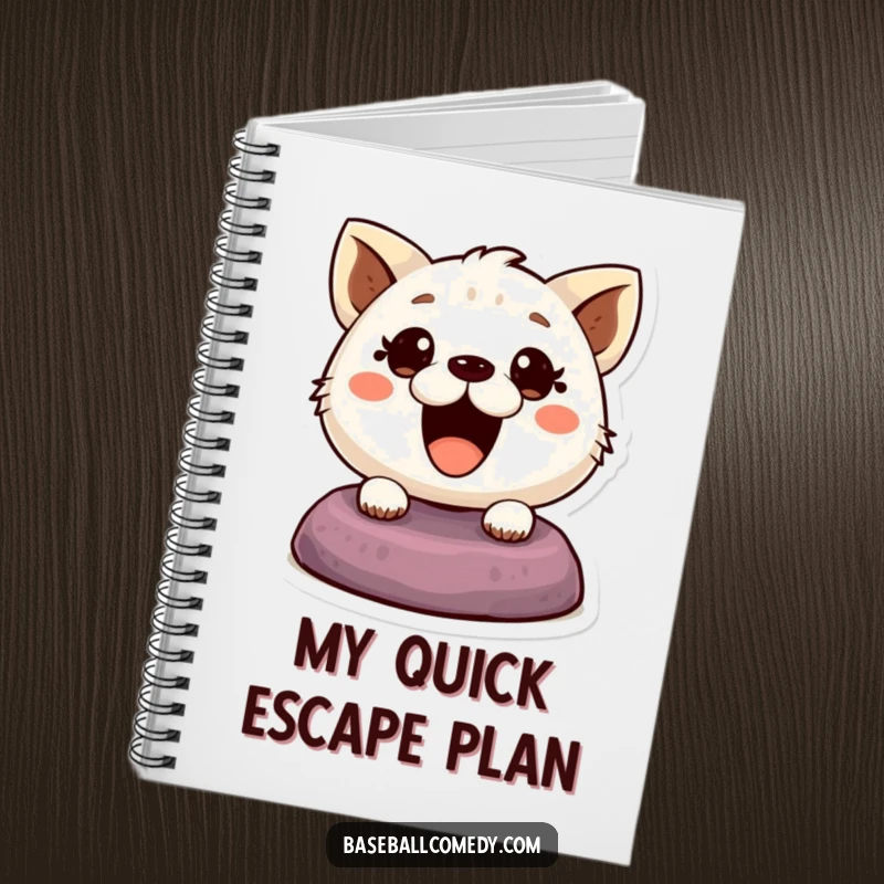 Funny notebook cover with a cute animal, eyes wide with anticipation, stealing a base, perfect for planning and note-taking.