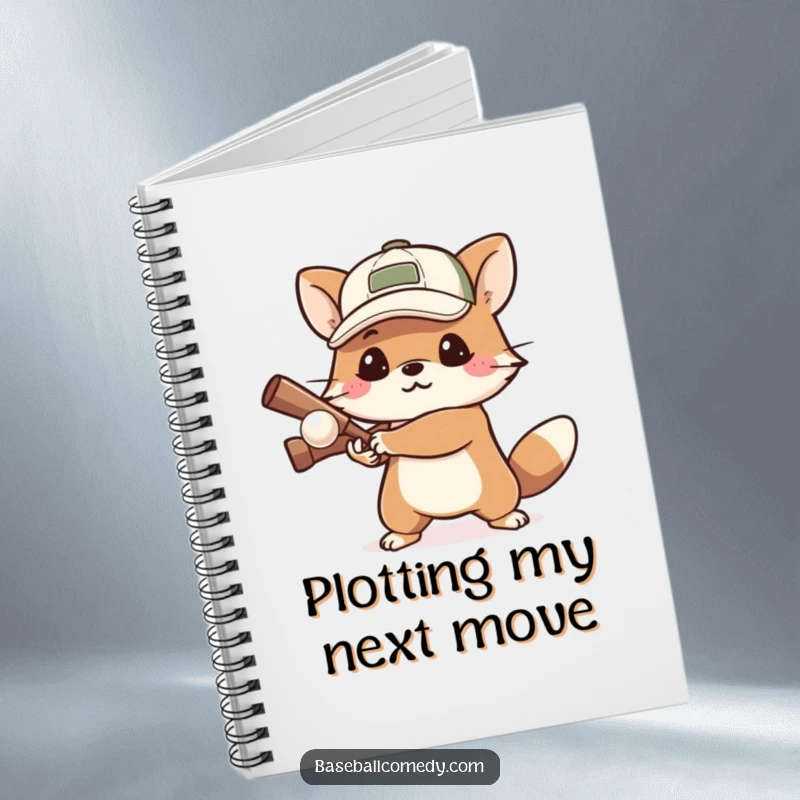 Funny notebook cover with a determined animal wearing a cap, ready to bat a small ball, inspiring focused note-taking.
