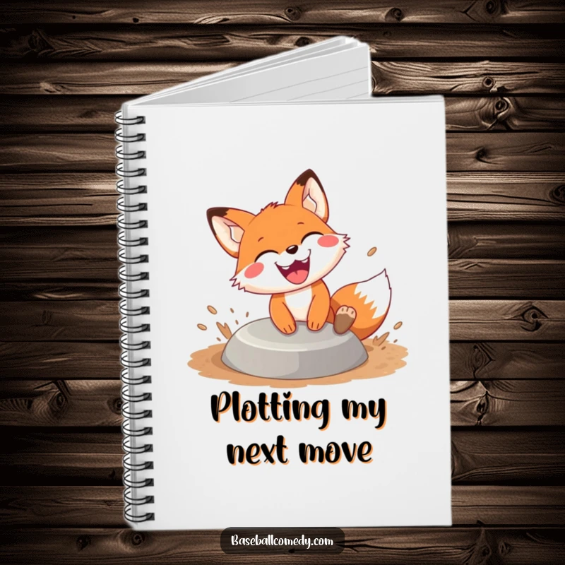 Funny fox sliding notebook, a happy fox slides into base with dirt flying and a huge grin, great for writing and planning.