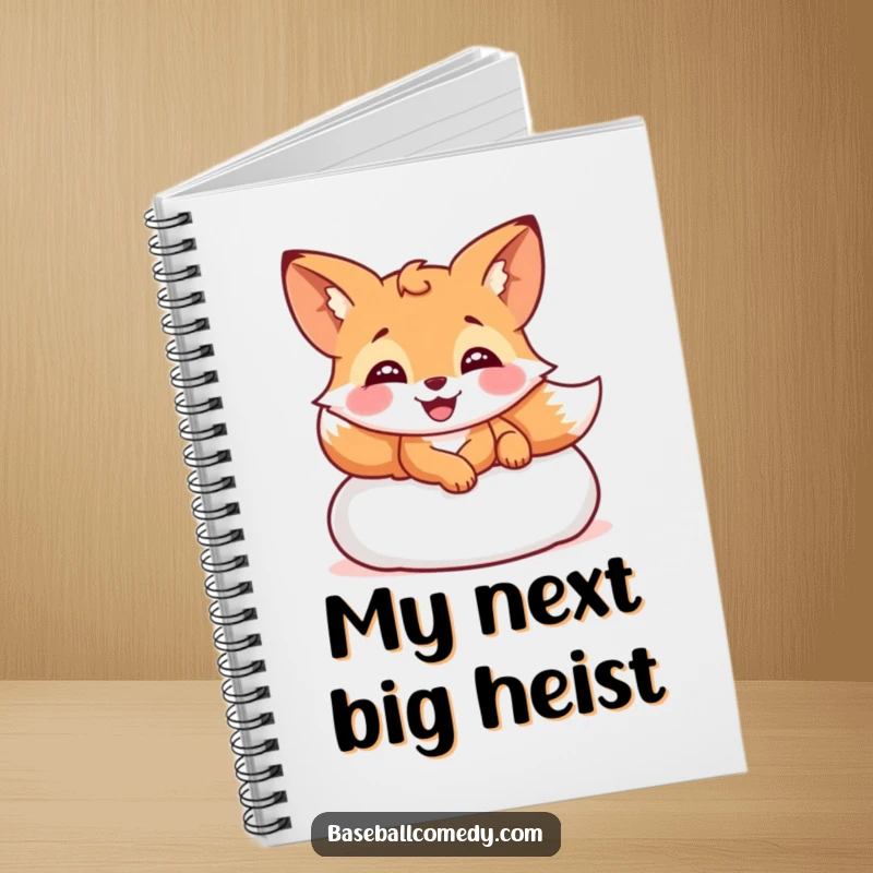 Funny notebook cover depicting a giggling fox sliding into a baseball base, encouraging creative writing.