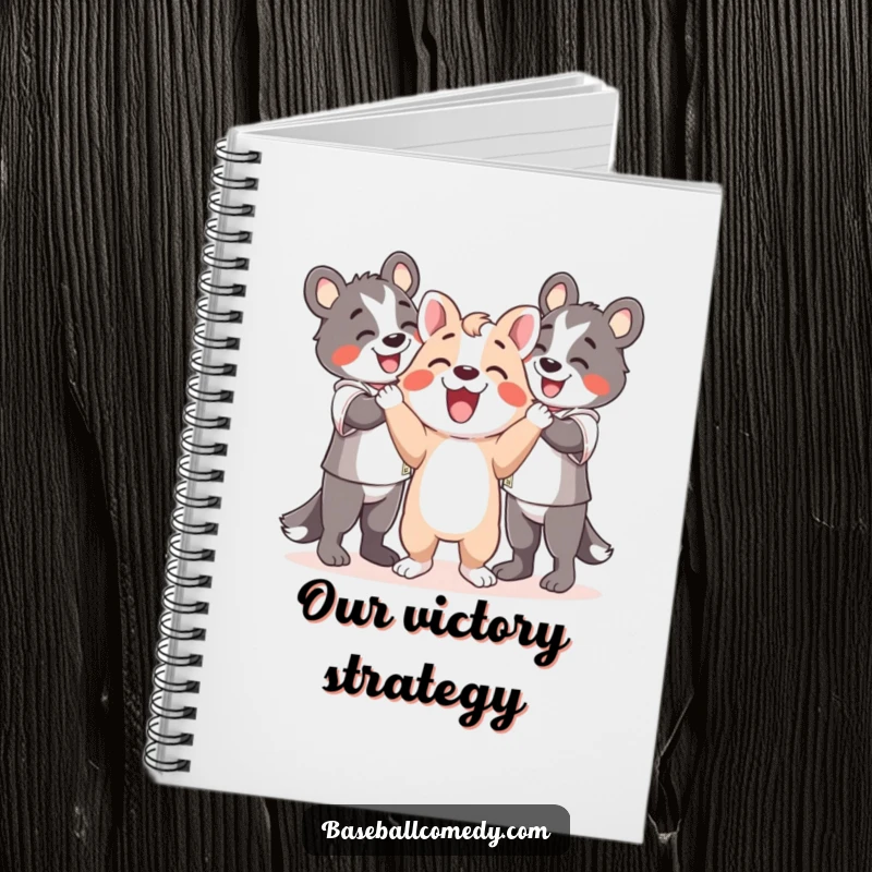 Funny notebook cover with a happy animal celebrating with teammates, inspiring joy and collaboration in note-taking.