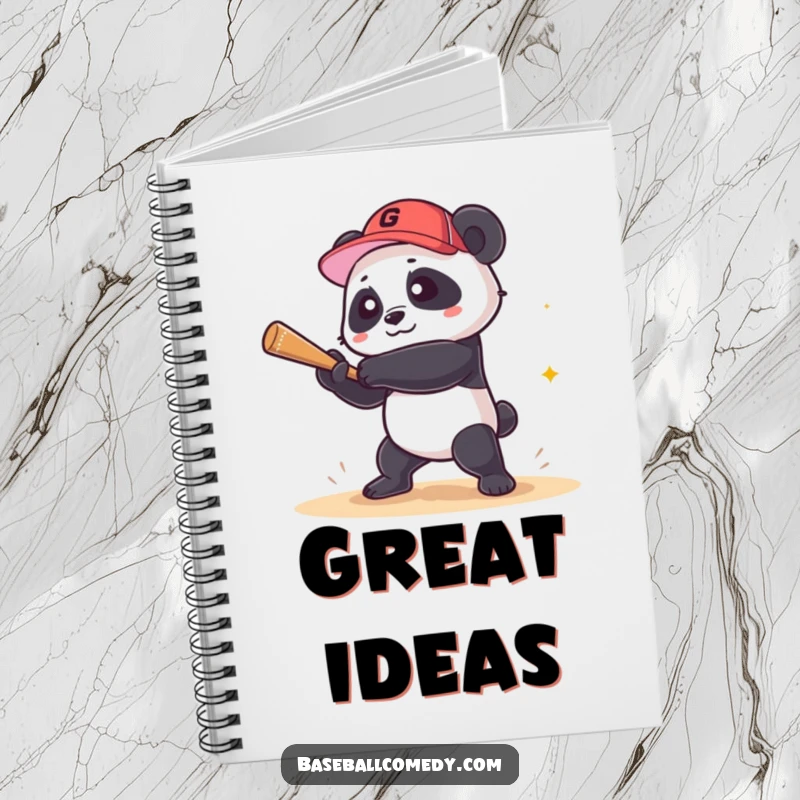 Funny panda notebook depicting a panda hitting a grand slam, perfect for journaling with humorous and triumphant sports flair.