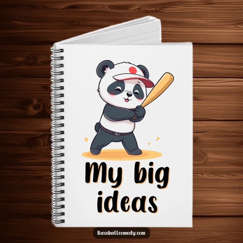 Funny notebook with a playful panda hitting a baseball for a grand slam, great for humorous note-taking.