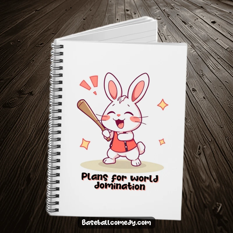 Funny rabbit notebook featuring an excited bunny hitting a home run with a loud cheer, perfect for note-taking.
