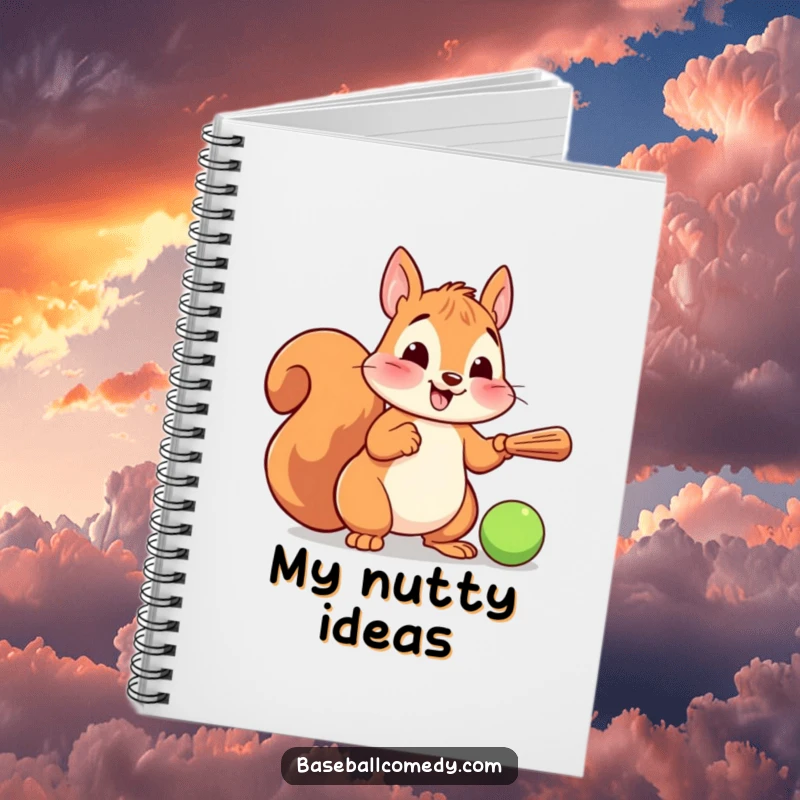 Funny notebook featuring a cheerful cartoon squirrel ready to bat a baseball, ideal for jotting down notes with a playful touch.