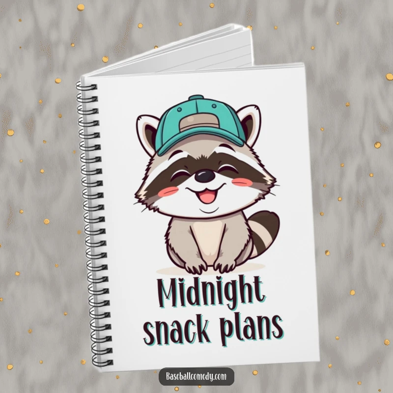 Funny notebook featuring a giggling raccoon wearing a baseball cap backwards, grinning, ideal for note-taking.
