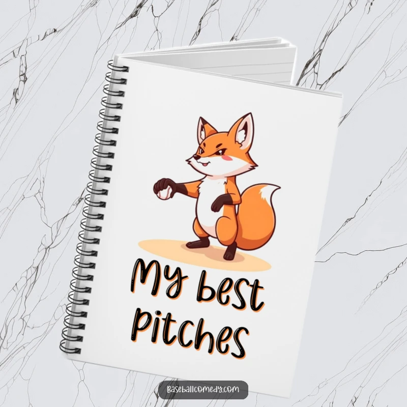 Funny notebook with a determined cartoon fox in a pitching stance, great for humorous note-taking.