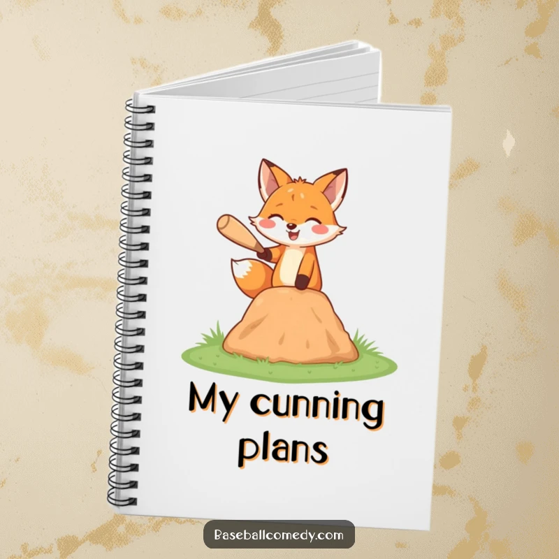 Funny fox notebook, happily pitching a baseball from a miniature mound, perfect for writing.