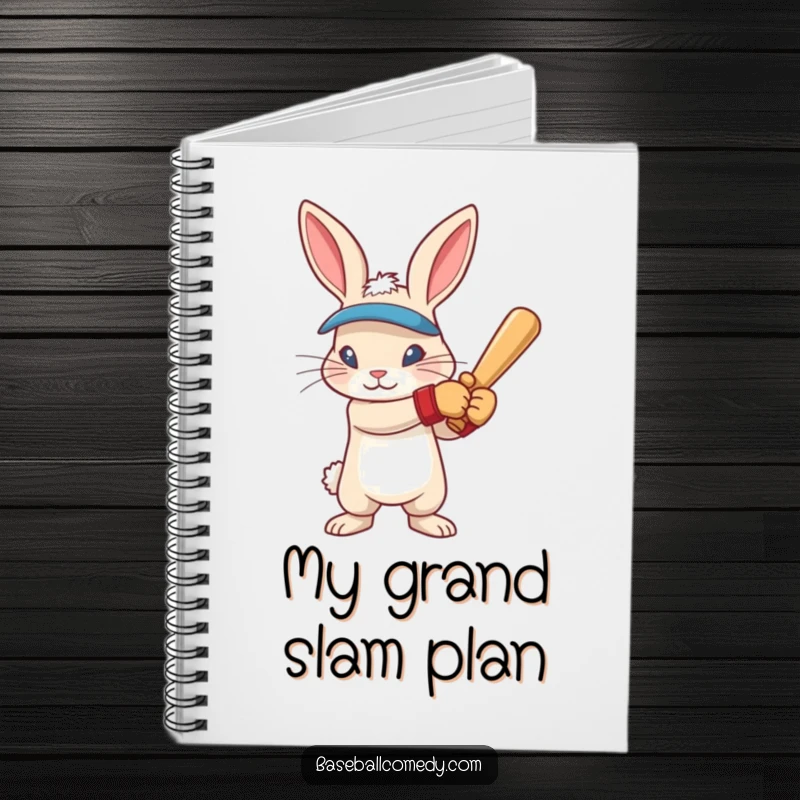 Funny rabbit wearing batting gloves, intense focus, ready to swing, perfect for writing in this humorous notebook.