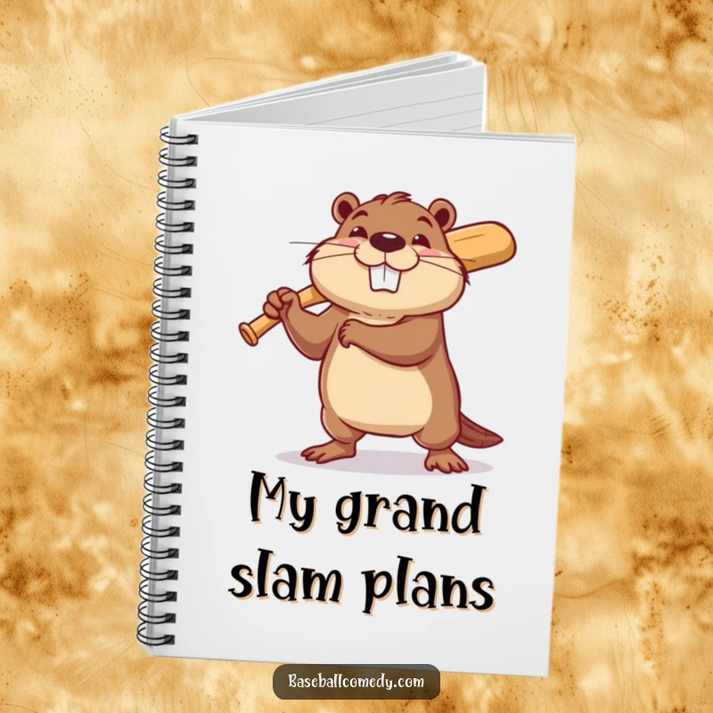 Funny beaver baseball notebook with a determined beaver swinging a tiny baseball bat with a hopeful grin, for jotting notes.