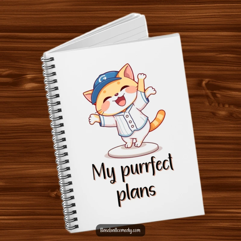 Funny cat in baseball uniform cartwheeling across a notebook cover, inspiring creative thoughts.