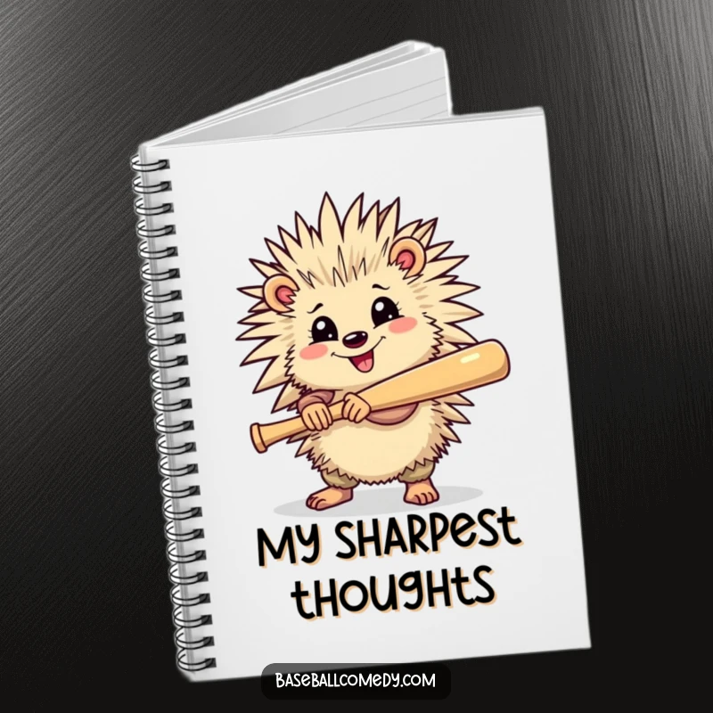Funny notebook featuring a cheerful porcupine holding a baseball bat, ready to swing, ideal for notes.
