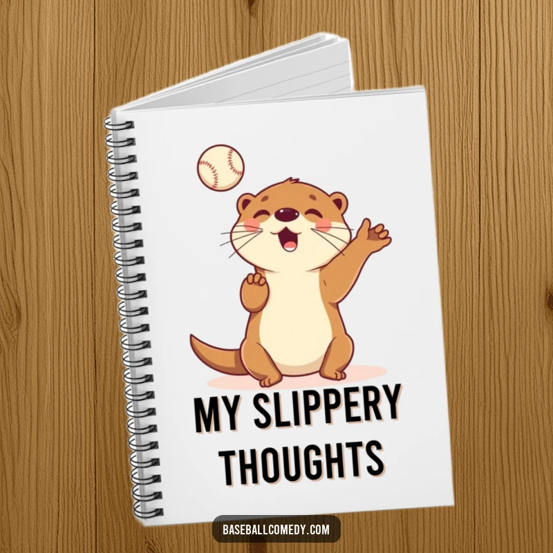 Funny notebook featuring a playful cartoon otter juggling baseballs in the air, perfect for jotting down ideas with a fun flair.