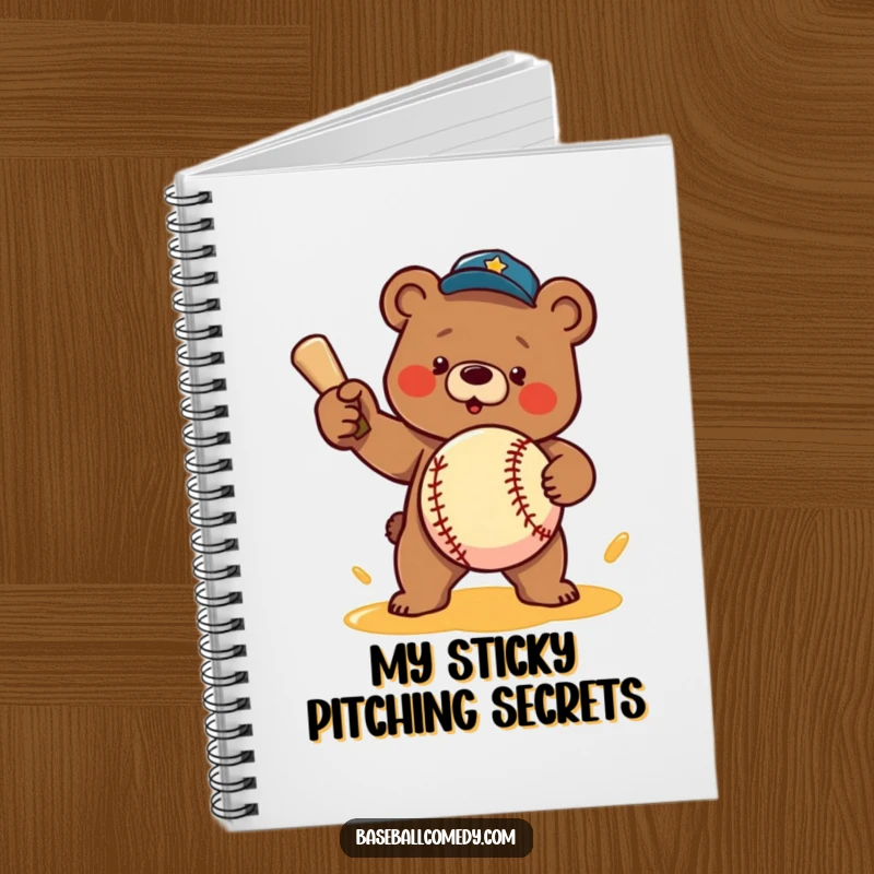 Funny notebook: A determined bear pitches a baseball made of honey, a charming companion for notes.