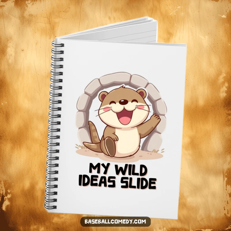 Funny otter notebook, excitedly sliding into home base with a wide grin, perfect for notes and ideas.