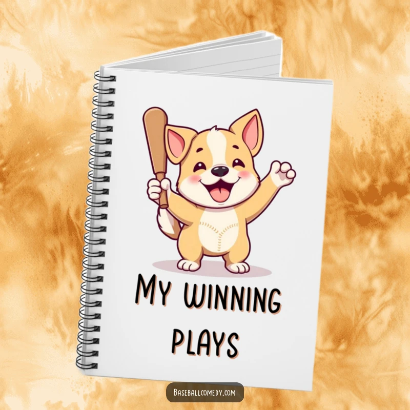Funny dog notebook showing a proud dog celebrating a home run, perfect for baseball game notes or journaling.