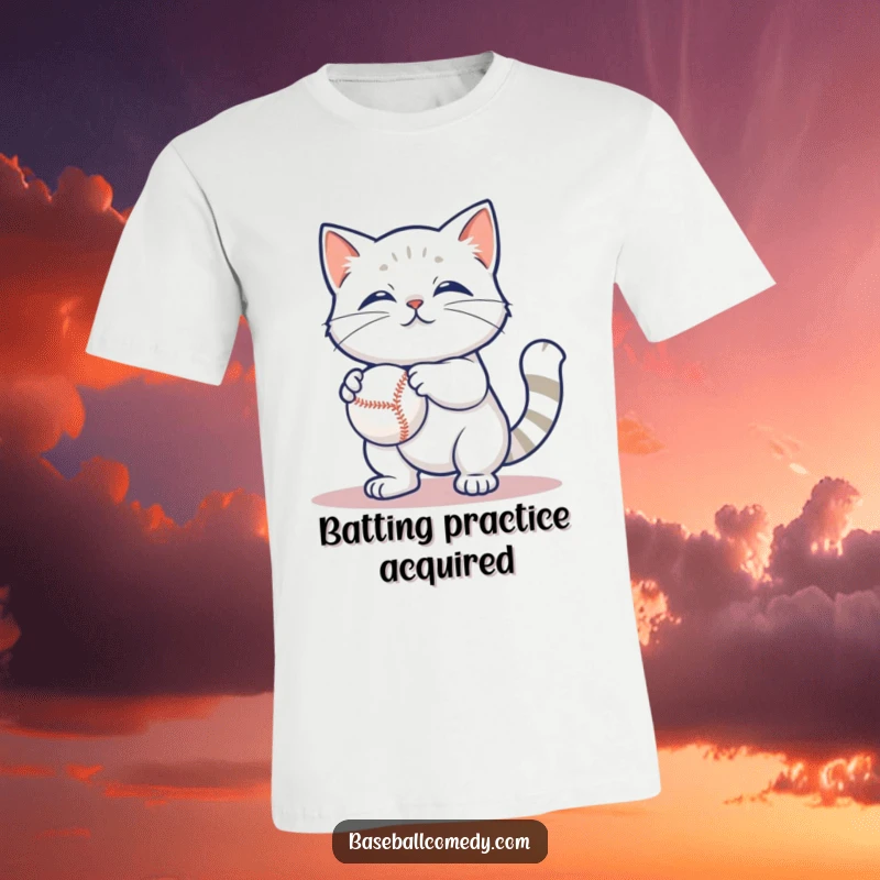 Funny t-shirt featuring a content cat engaged in playful batting of a baseball, showcasing feline charm and humor.